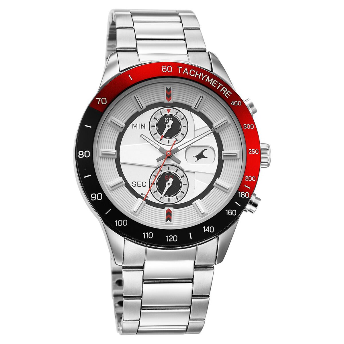 Fastrack Overdrive Quartz Chronograph Tachymeter White Dial Silver Stainless Steel Strap Watch For Guys 2