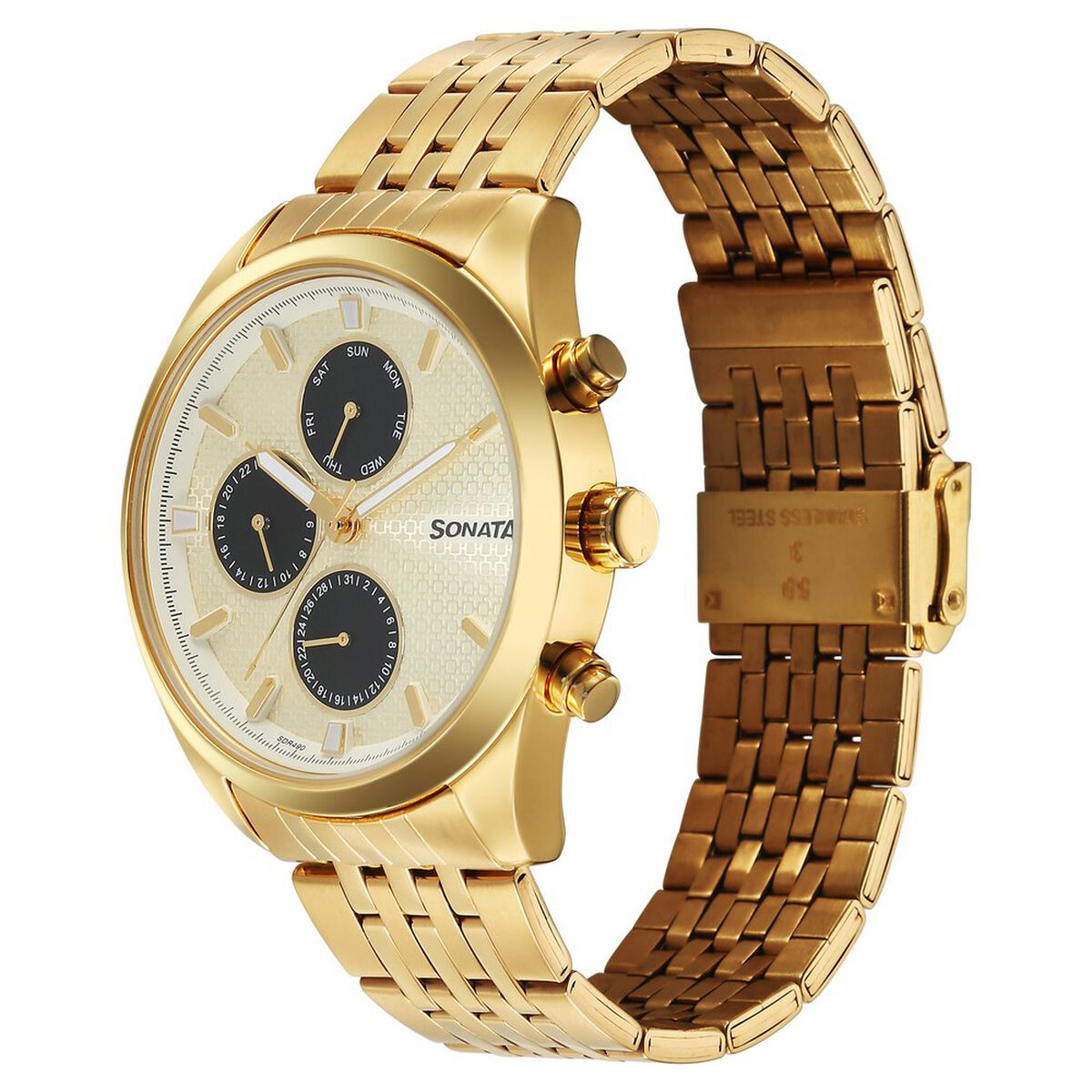 Sonata Magna Quartz Multifunction Champagne Dial Golden Stainless Steel Strap Watch For Men 2