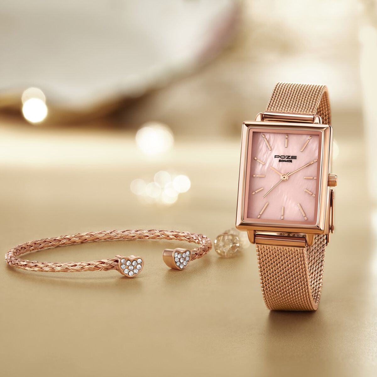 Sonata Poze Quartz Analog Pink Mother Of Pearl Dial Rose Gold Color Stainless Steel Strap Watch For Women 1
