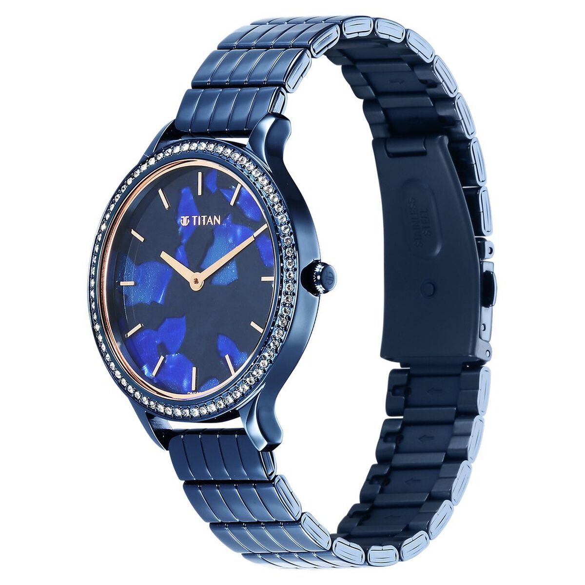 Titan Secluded Quartz Analog Blue Acetate Dial Stainless Steel Strap Watch For Women 3