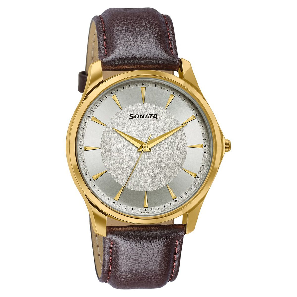 Sonata Traditional Essentials Silver Dial, Gold tone case Burgundy Genuine Leather Strap Watch 2