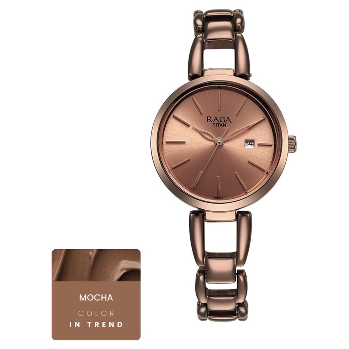 Titan Raga Viva Quartz Analog with Date Rose Gold Dial Brown Metal Strap Watch for Women 1
