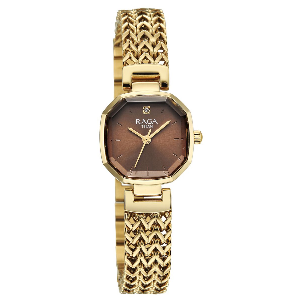 Titan Raga Ascendo Quartz Analog Brown Shaped Octogonal Dial Golden Stainless Steel Strap watch For Women 1