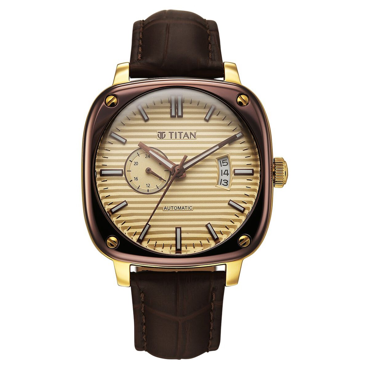 Titan Vintage Concealed Automatic Analog with Beige Dial Brown Leather Strap Watch for Men 1