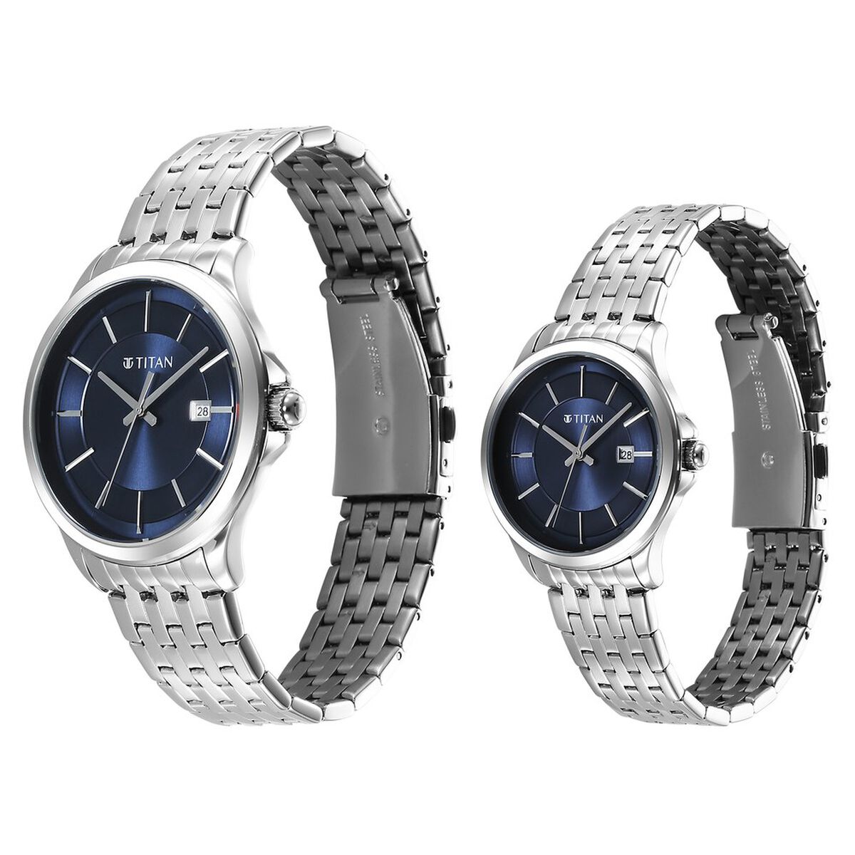 Titan Bandhan Quartz Analog with Date Blue Dial Silver Stainless Steel Strap Watch For Couple 3