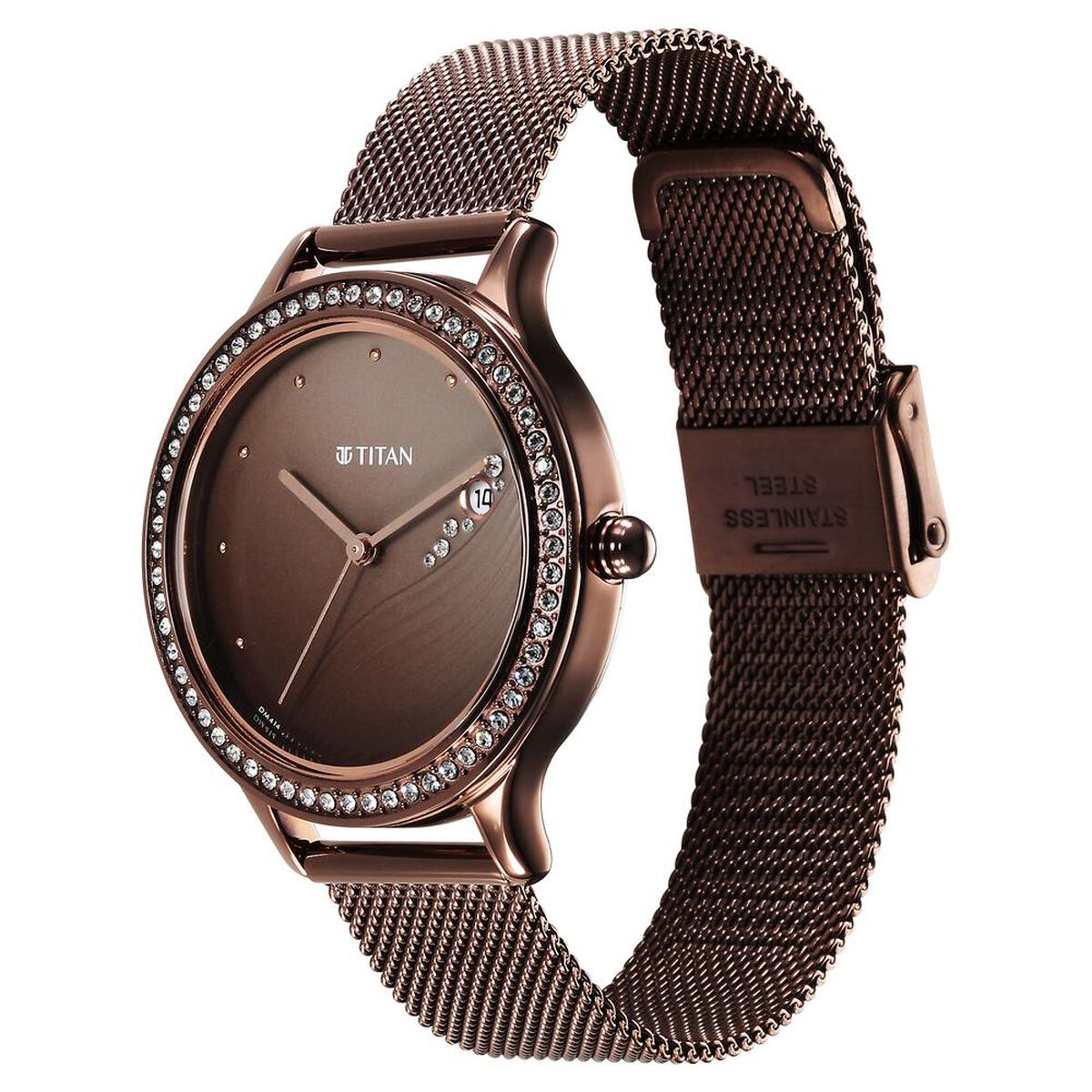 Titan Purple Glam It Up Brown Dial Analog with Date Stainless Steel Strap Watch for Women 3