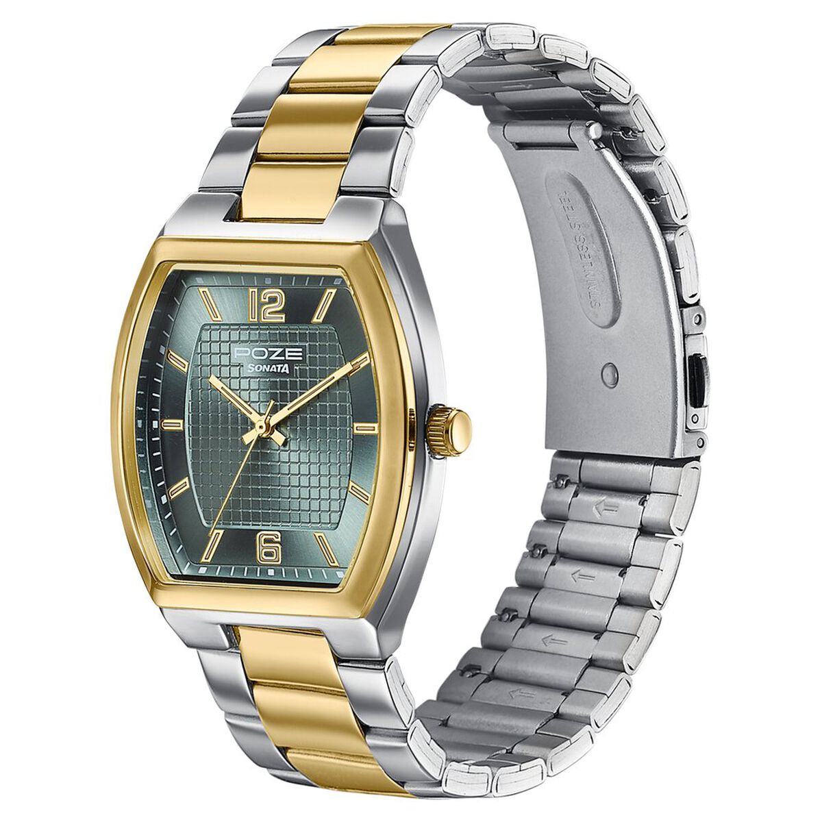 Poze By Sonata Quartz Analog Green Dial Two Toned Metal Strap Watch For Men 5