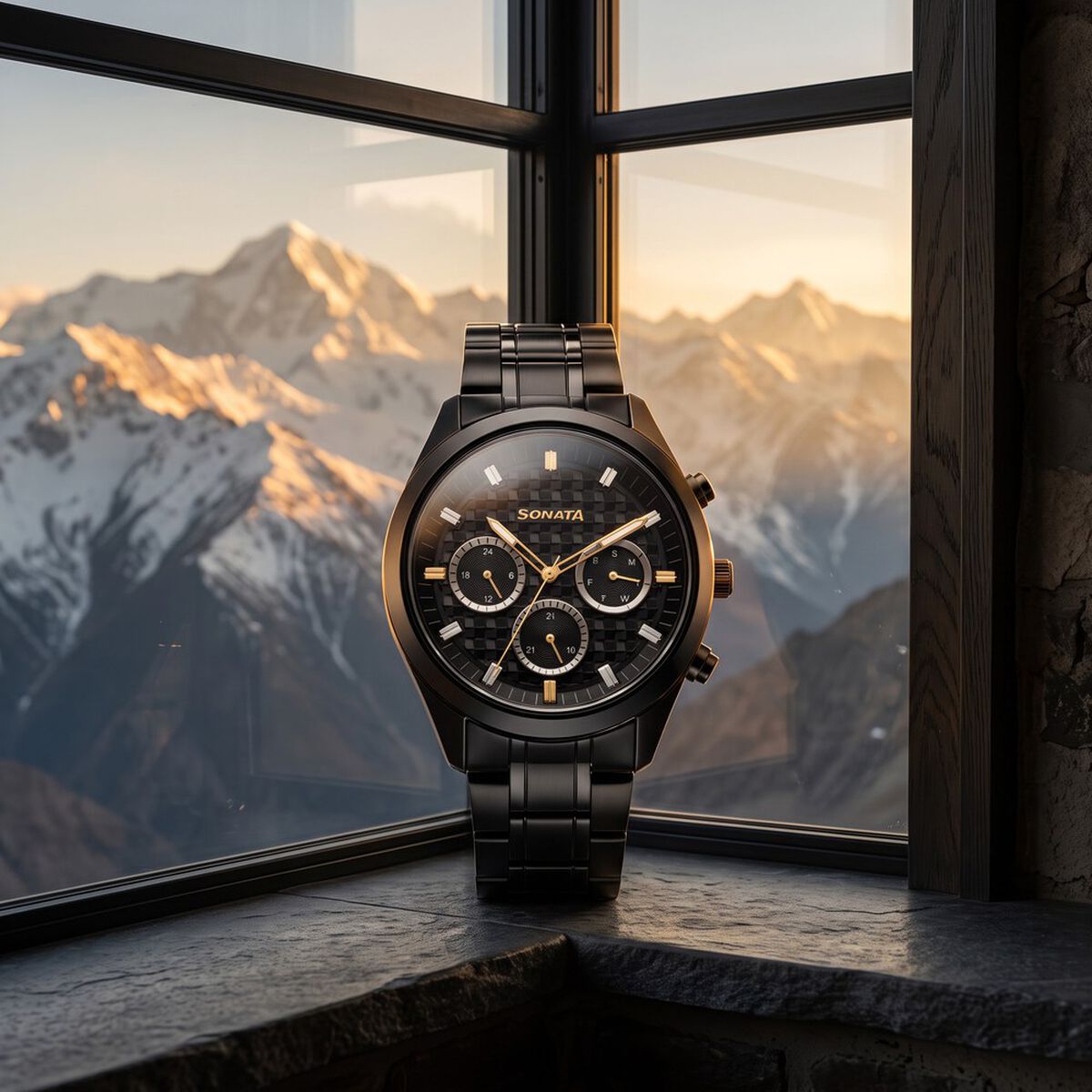 Sonata Multifunction Black Dial Black Metal Strap Watch For Men 1