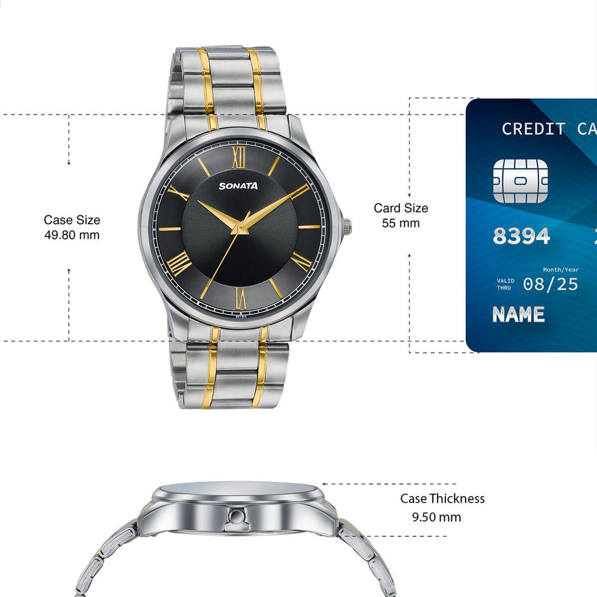 Sonata Traditional Essentials Black Dial Silver & Gold-Tone Stainless Steel Strap Watch 4