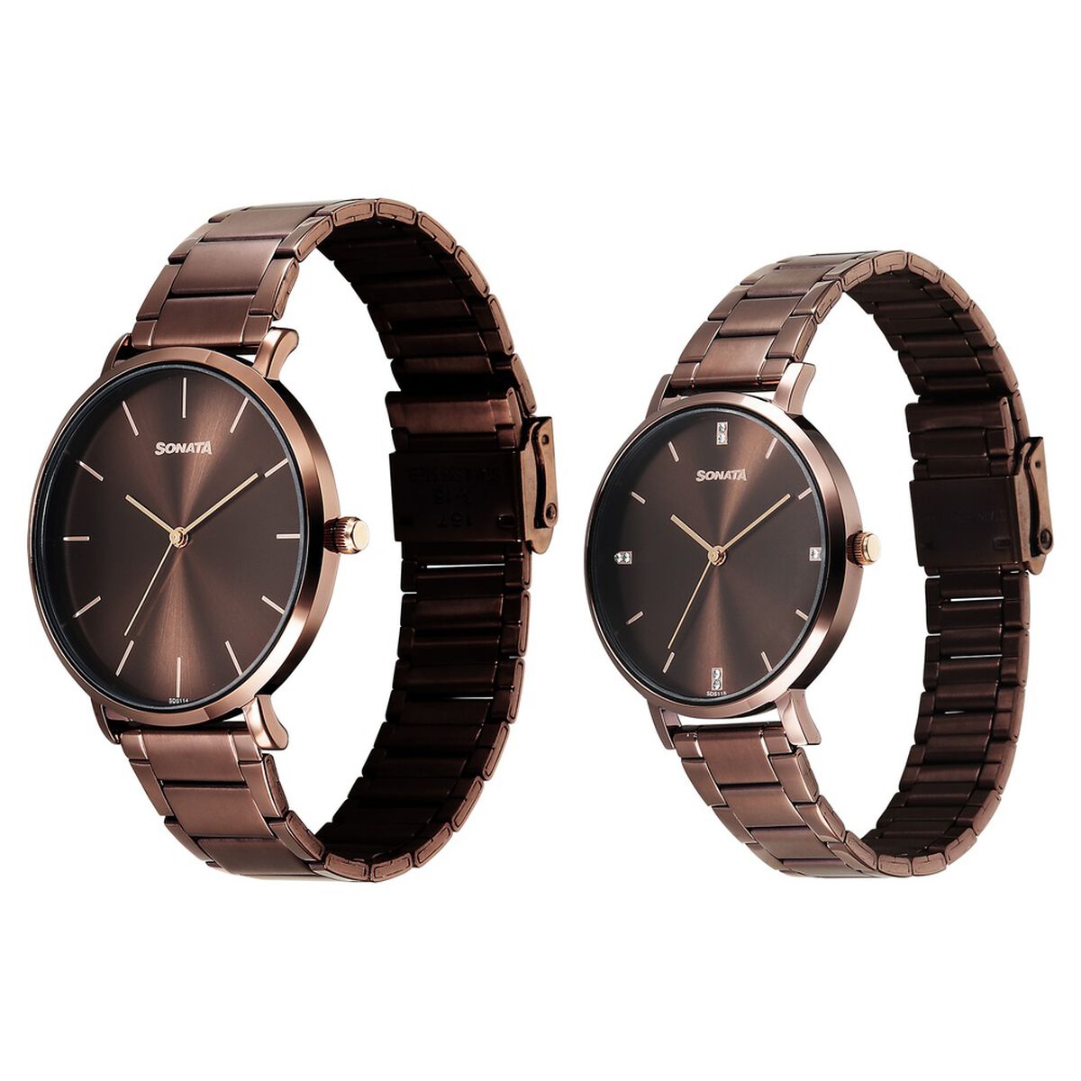 Sonata Soulmate Quartz Analog Brown Dial Brown Stainless Steel Strap Watch For Couple 2