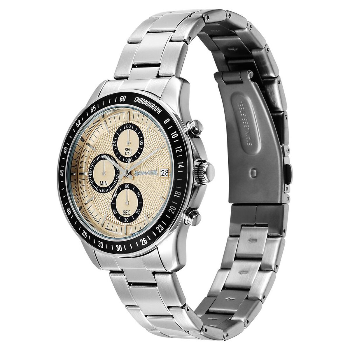 Sonata Chronos Quartz Analog with Date Champagne Dial Silver Colour Stainless Steel Strap Watch For Men 3
