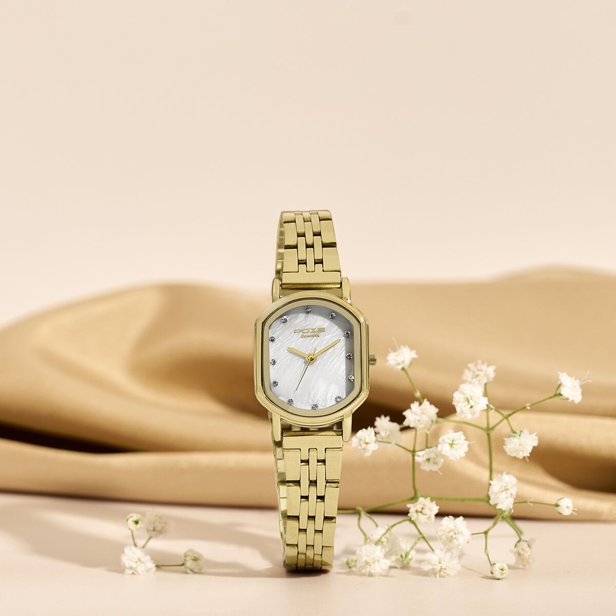 Poze By Sonata Quartz Analog White Mother of Pearl Dial Golden Stainless Steel Strap Watch For Women 1