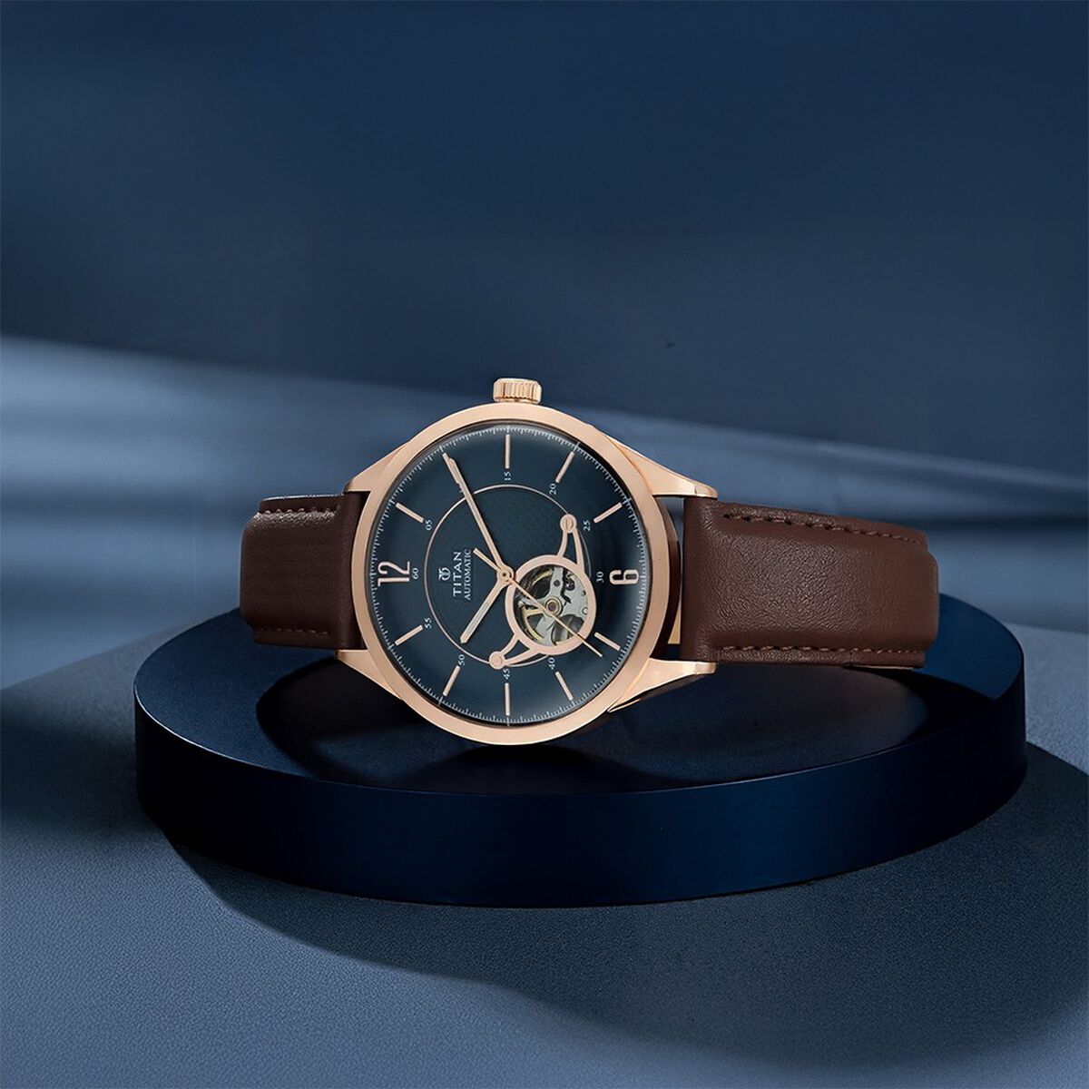 Titan Automatic Blue Dial Brown Leather Strap Watch for Men 1