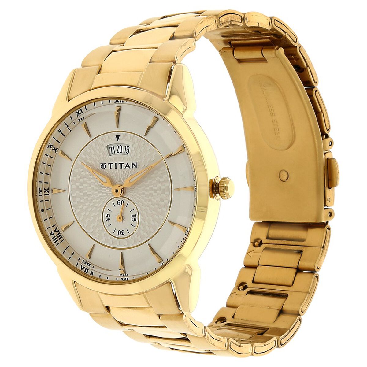 Titan Quartz Analog with Date Silver Round Dial Golden Stainless Steel Strap Watch For Men 2