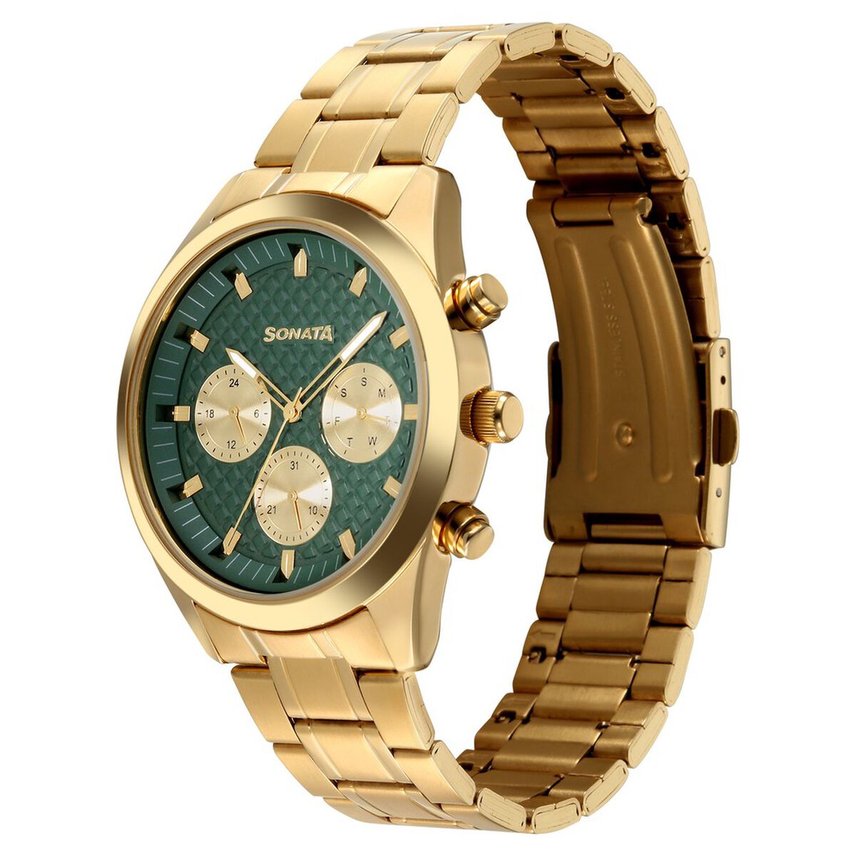 Sonata Multifunction Green Dial Golden Metal Strap Watch For Men 3