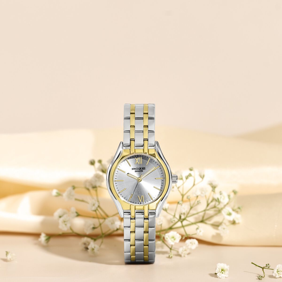 Poze By Sonata Quartz Analog Silver Dial Two Toned Metal Strap Watch For Women 1