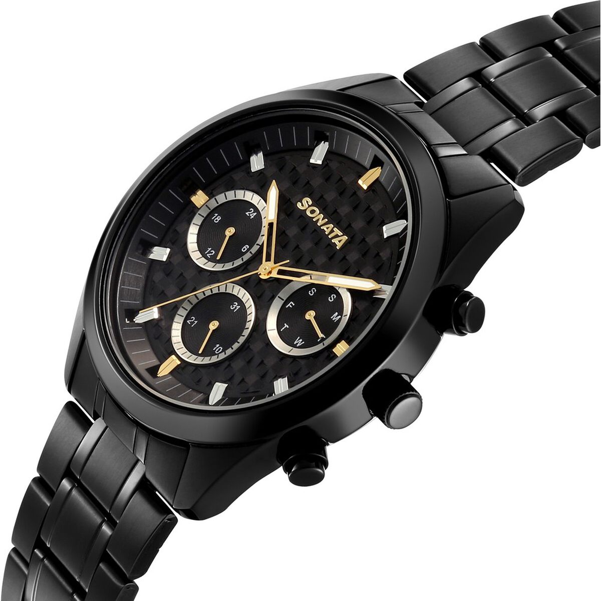 Sonata Multifunction Black Dial Black Metal Strap Watch For Men 5