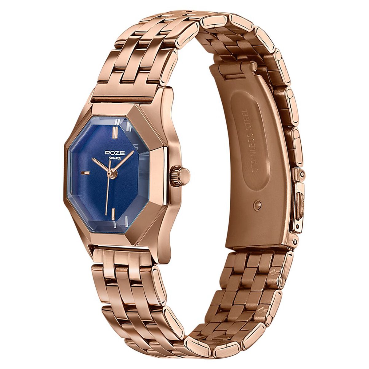 Poze By Sonata Quartz Analog Blue Dial Rose Gold Metal Strap Watch For Women 5