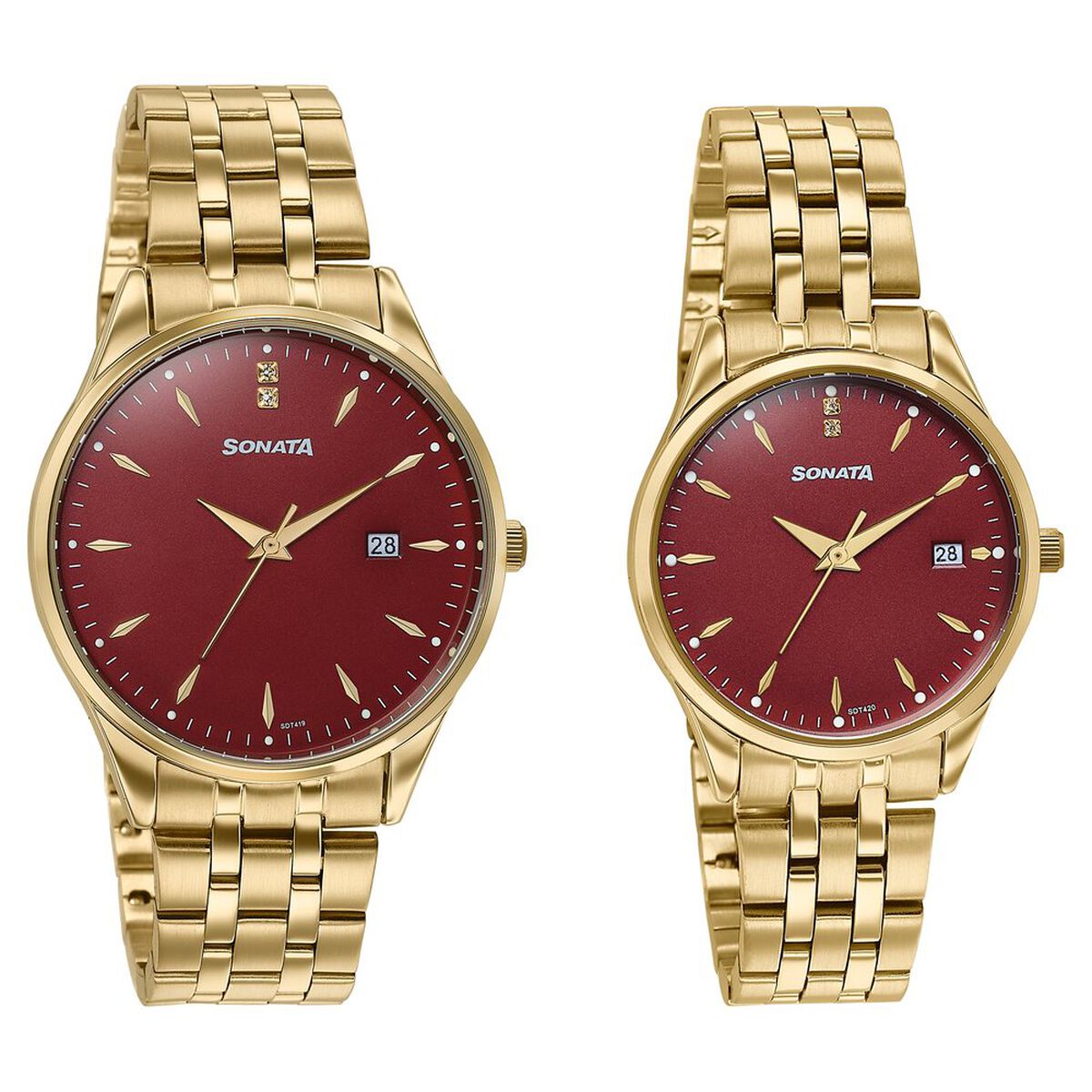 Sonata Jashn Quartz Analog Red Dial Golden Metal Strap Watch For Couple 2