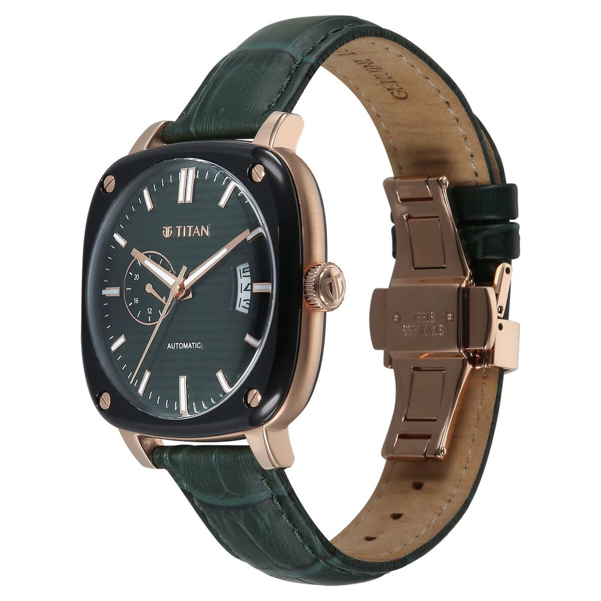 Titan Vintage Concealed Automatic Analog with Green Dial Green Leather Strap Watch for Men 3