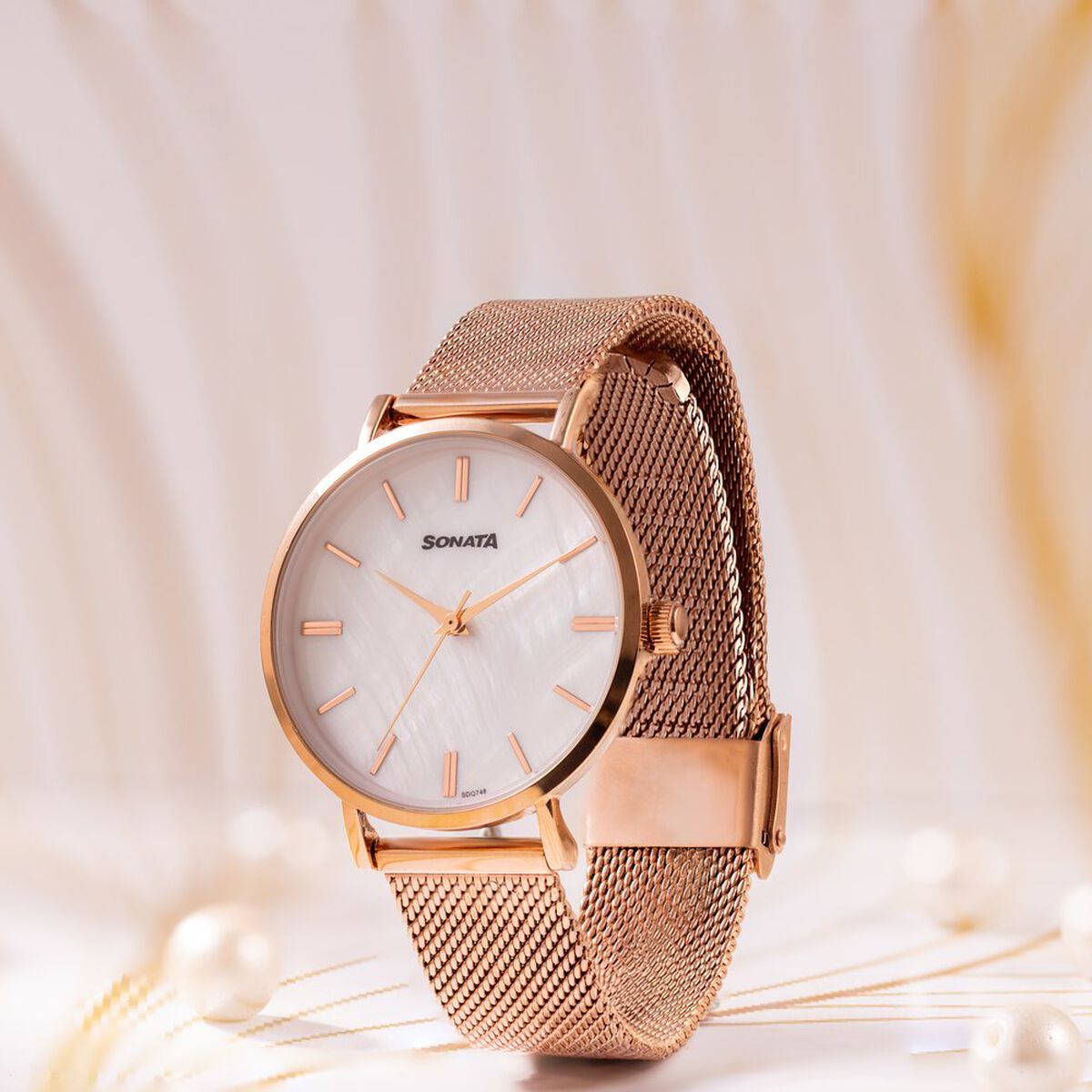 Sonata Quartz Analog White Round Dial Rose Gold Stainless Steel Strap Watch For Women 1