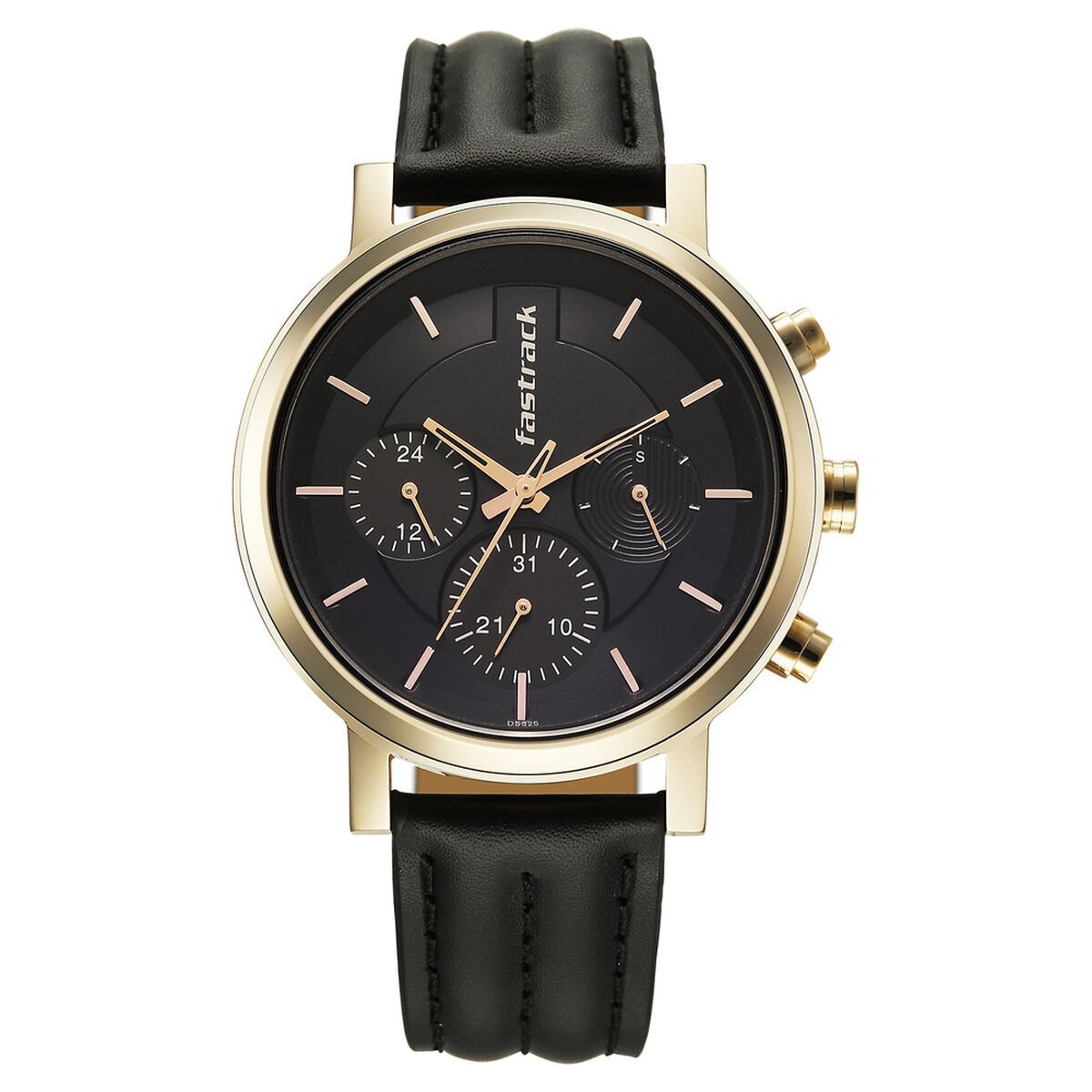 Fastrack Chrome K Quartz Multifunction Black Dial Black Leather Strap Watch For Guys 1