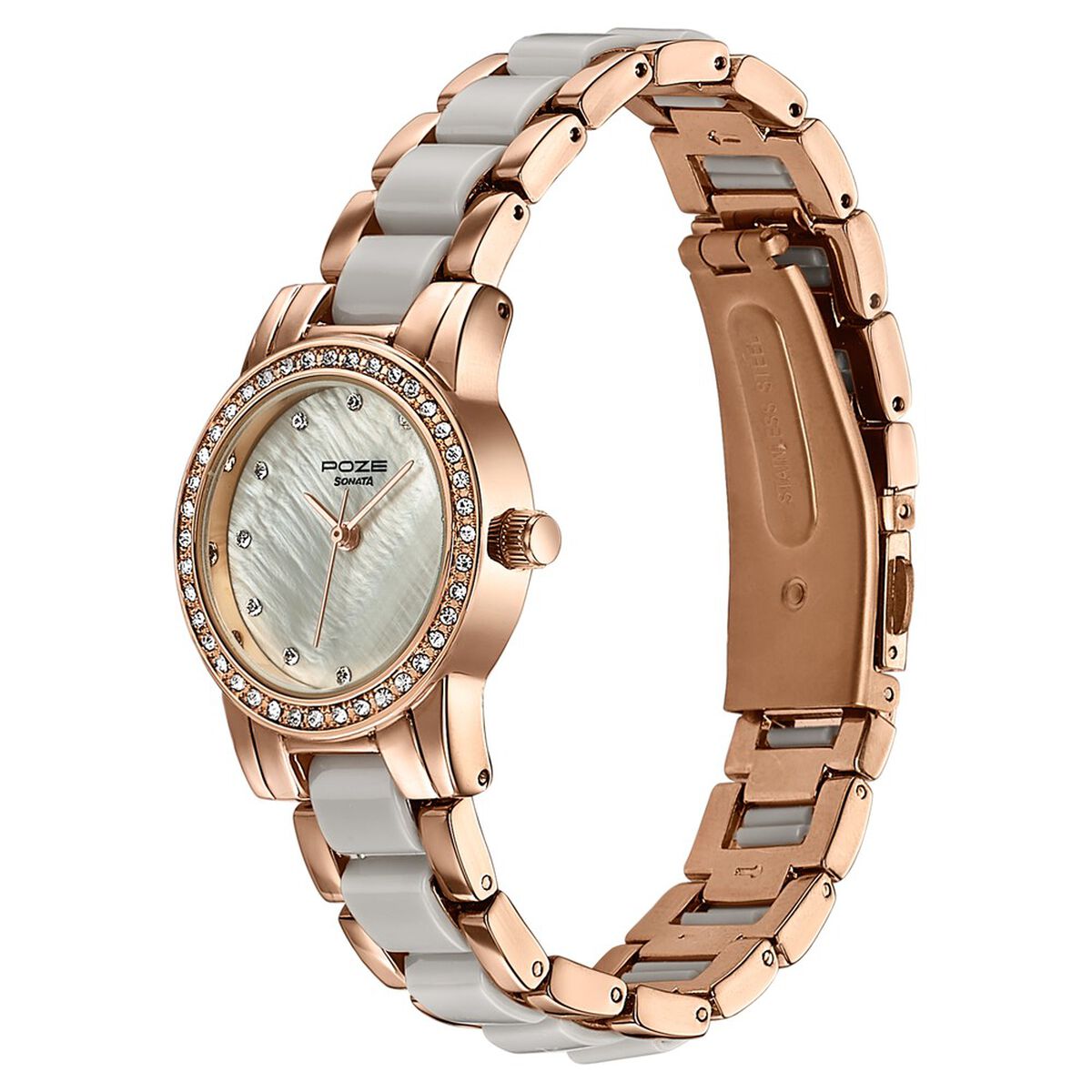Sonata Poze Quartz Analog Beige Dial Two Toned Metal & Plastic Strap Watch For Women 5