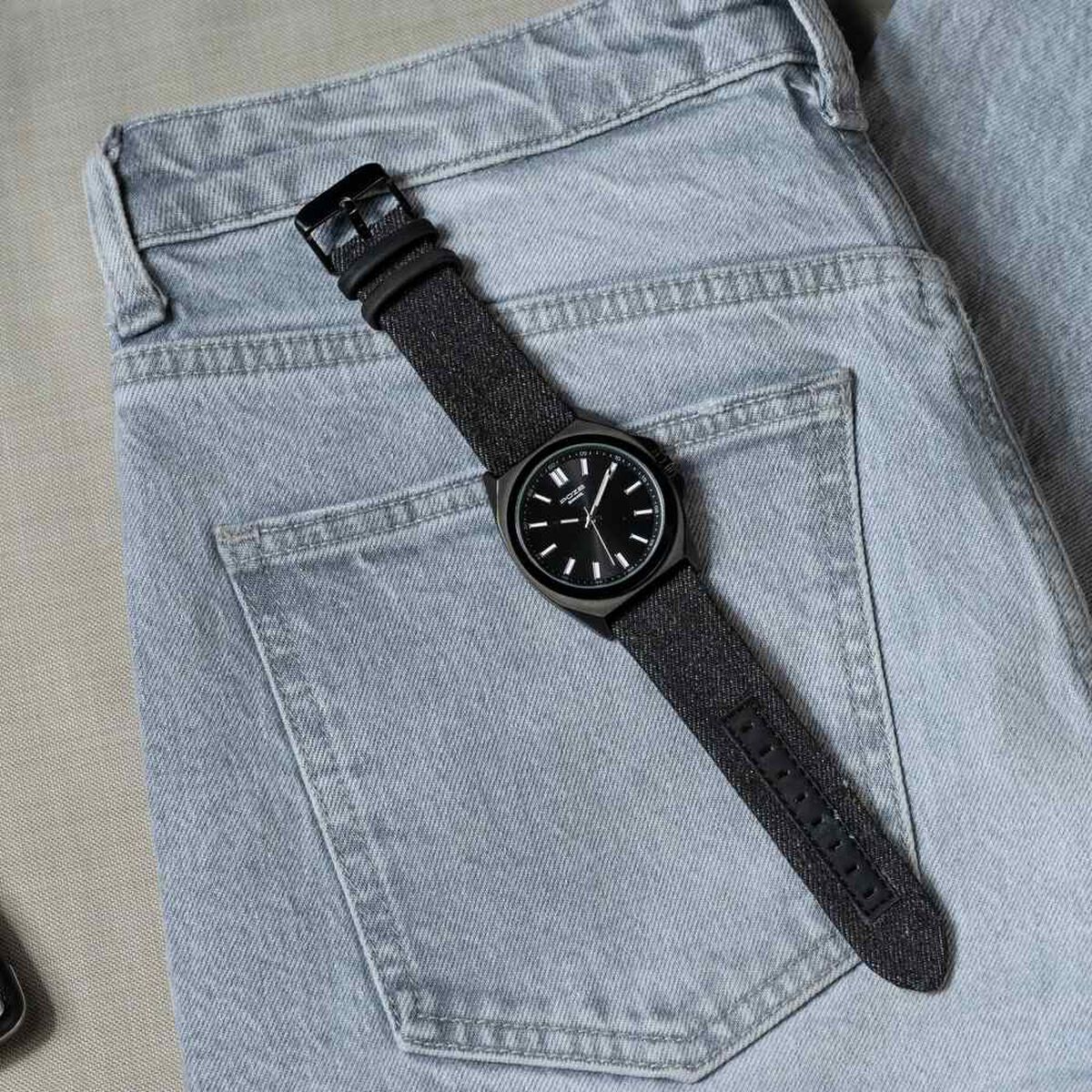 Sonata Poze Quartz Analog Black Dial Black Denim Leather Strap Watch For Men 1