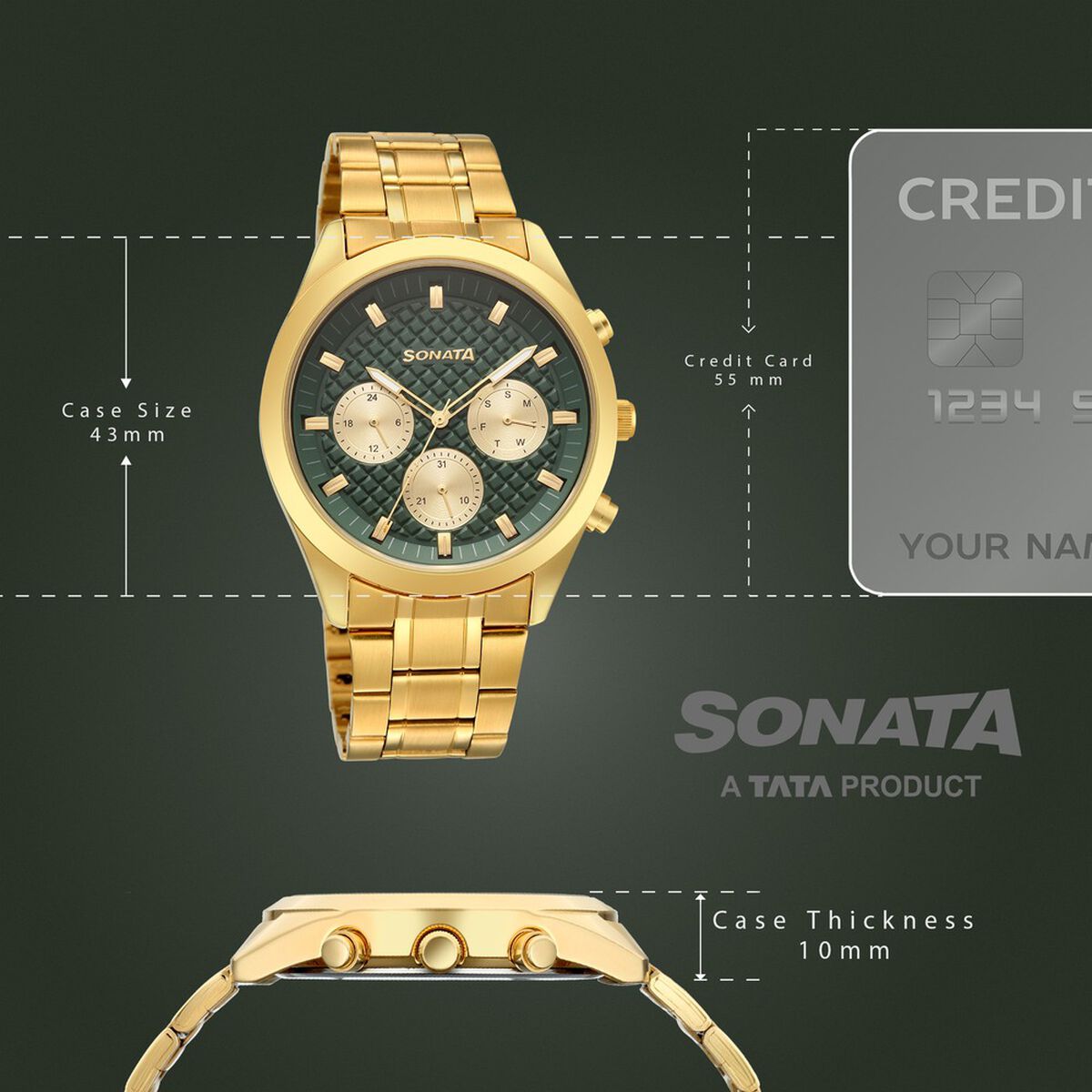 Sonata Multifunction Green Dial Golden Metal Strap Watch For Men 4