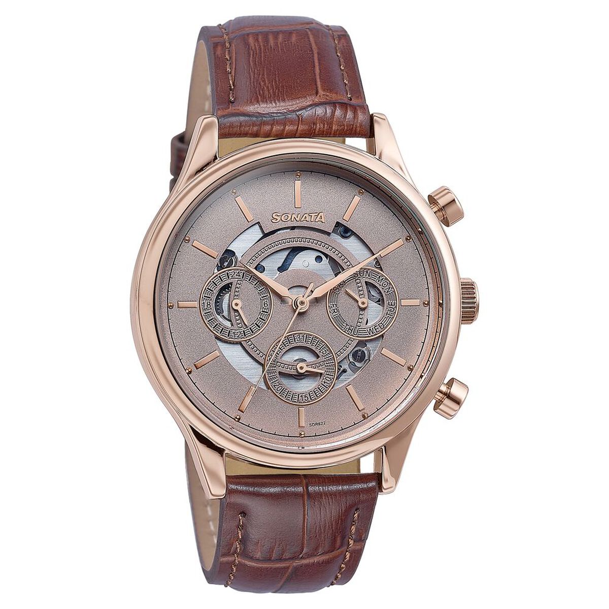 Sonata Wedding Edit Quartz Multifunction Pink Dial Leather Strap Watch For Men 3