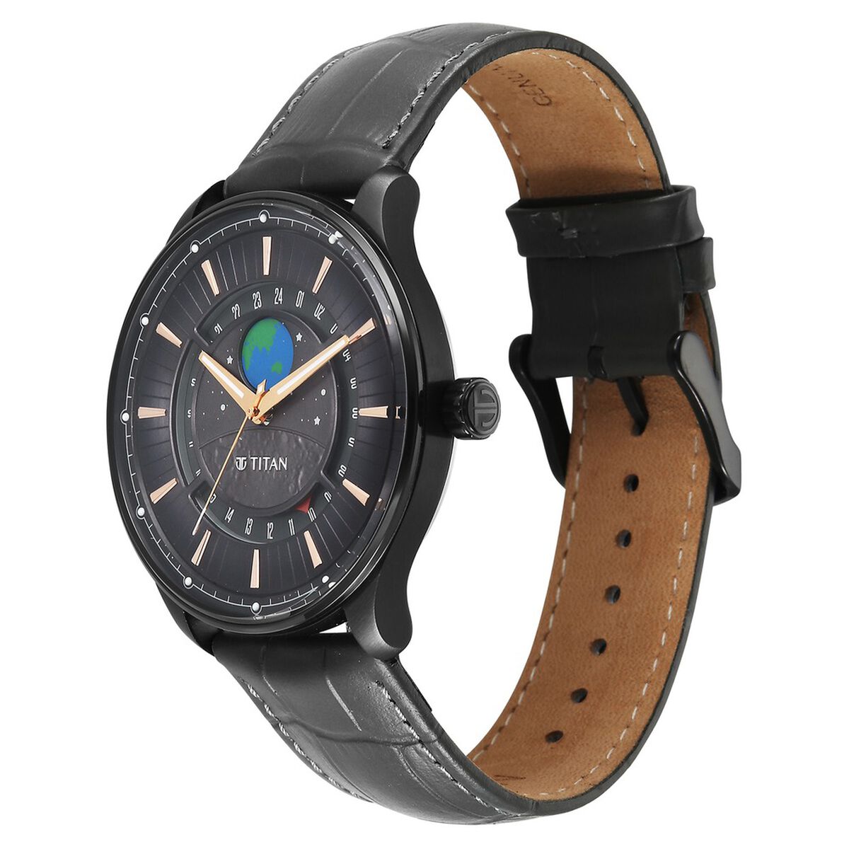 Titan Stellar Analog with Earth Disc and Gray Dial Gray Leather Strap Watch for Men 5