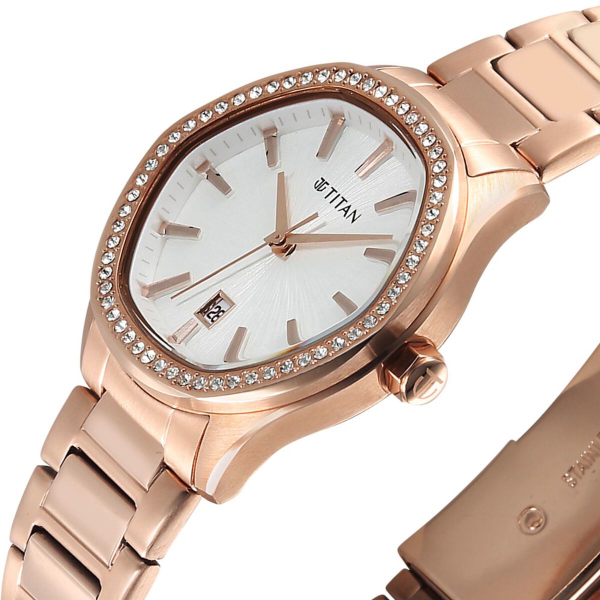 Titan Purple Glamour Quartz Analog with Date Silver Dial Rose Gold Stainless Steel Strap Watch For Women 4