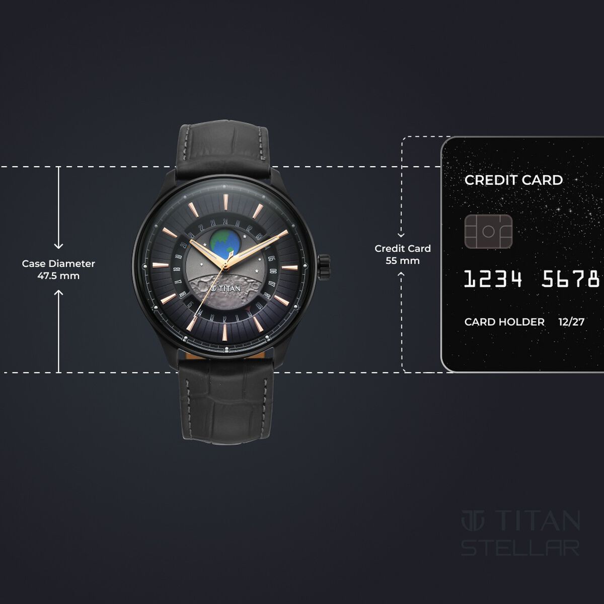 Titan Stellar Analog with Earth Disc and Gray Dial Gray Leather Strap Watch for Men 4