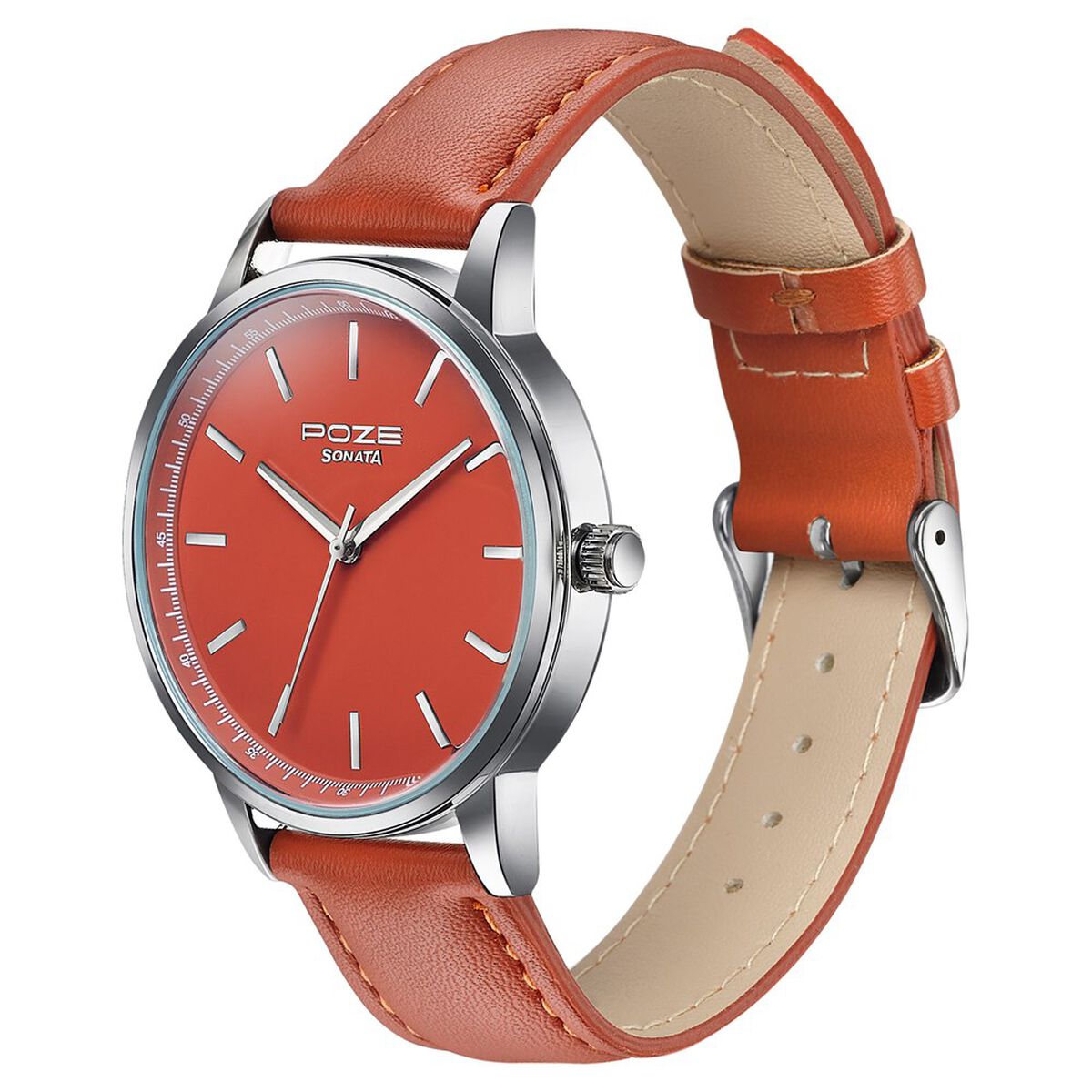 Poze By Sonata Quartz Analog Orange Dial Orange Leather Strap Watch For Men 5