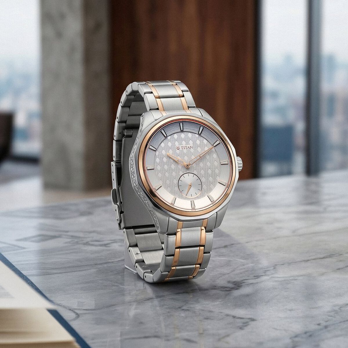 Titan Regalia Opulent Offset Second Hand White Dial Rose Gold Bimetal Strap Watch For Men 1