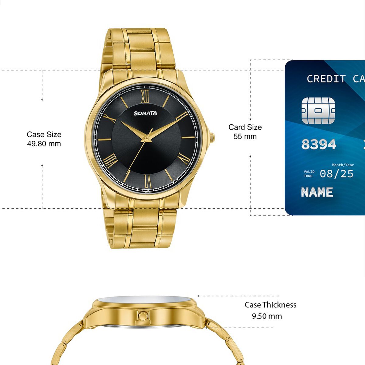 Sonata Traditional Essentials Black Dial Gold-Tone Stainless Steel Strap Watch 4