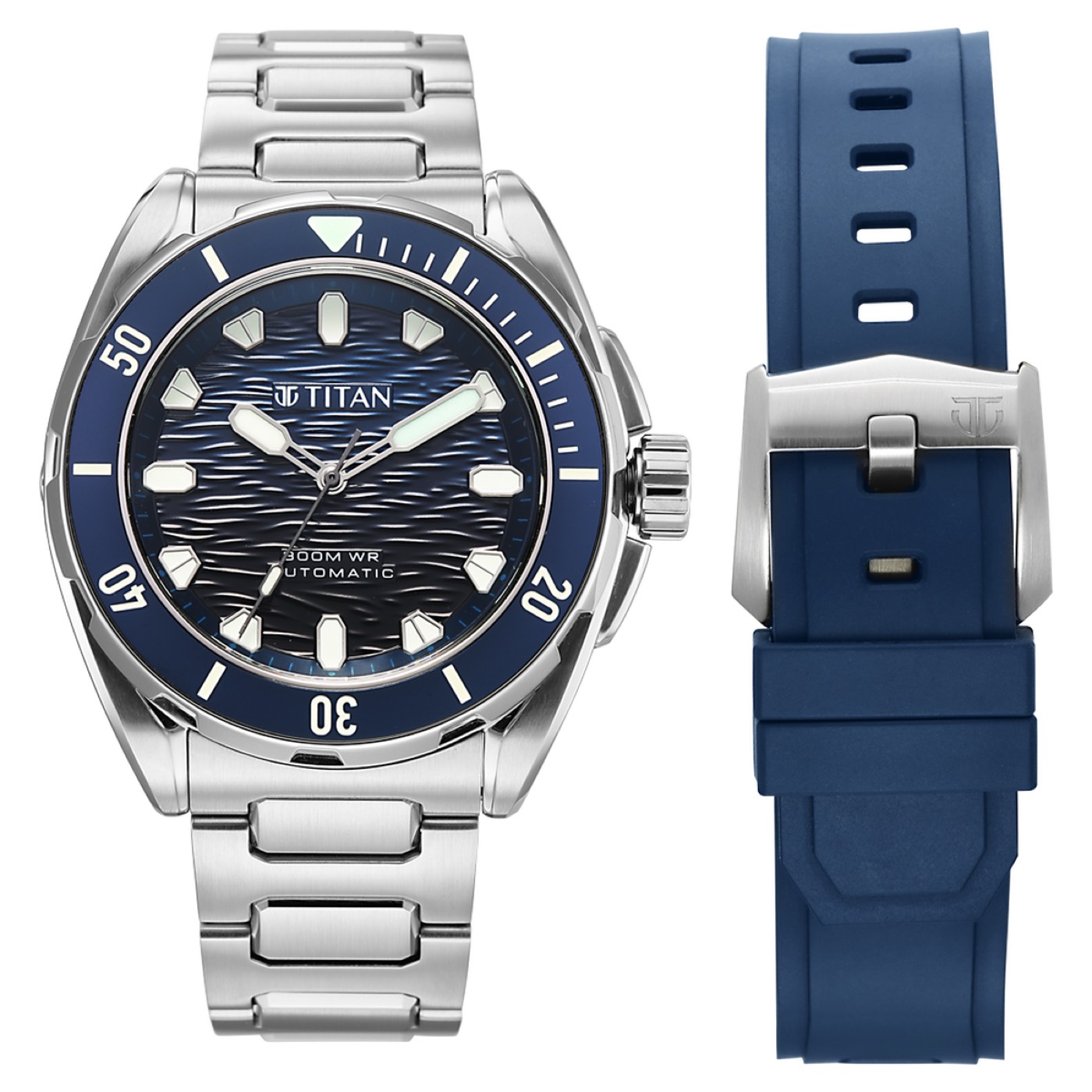 Titan Zero Hour Diver's 300m Automatic Analog with Blue Dial Silver Stainless Steel & Blue FKM Strap Watch for Men 1