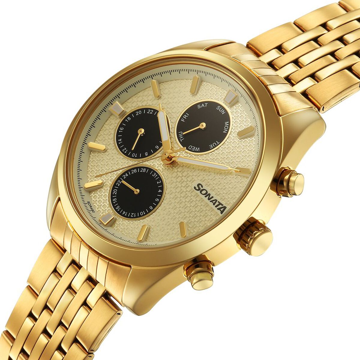 Sonata Magna Quartz Multifunction Champagne Dial Golden Stainless Steel Strap Watch For Men 3