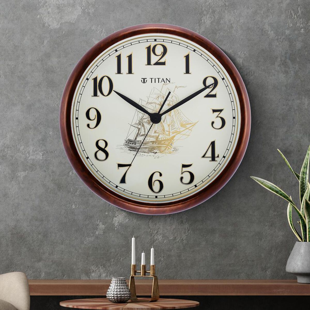 Titan Decorative Dark Brown Wood Finish Clock with Ship Design on Dial and Silent Sweep - 39.8 cm x 39.8 cm (Large) 1
