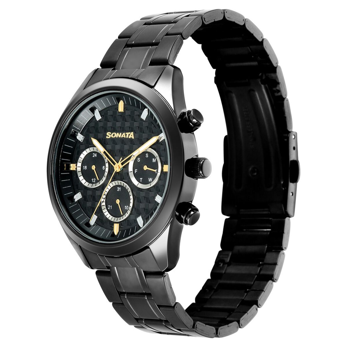 Sonata Multifunction Black Dial Black Metal Strap Watch For Men 3
