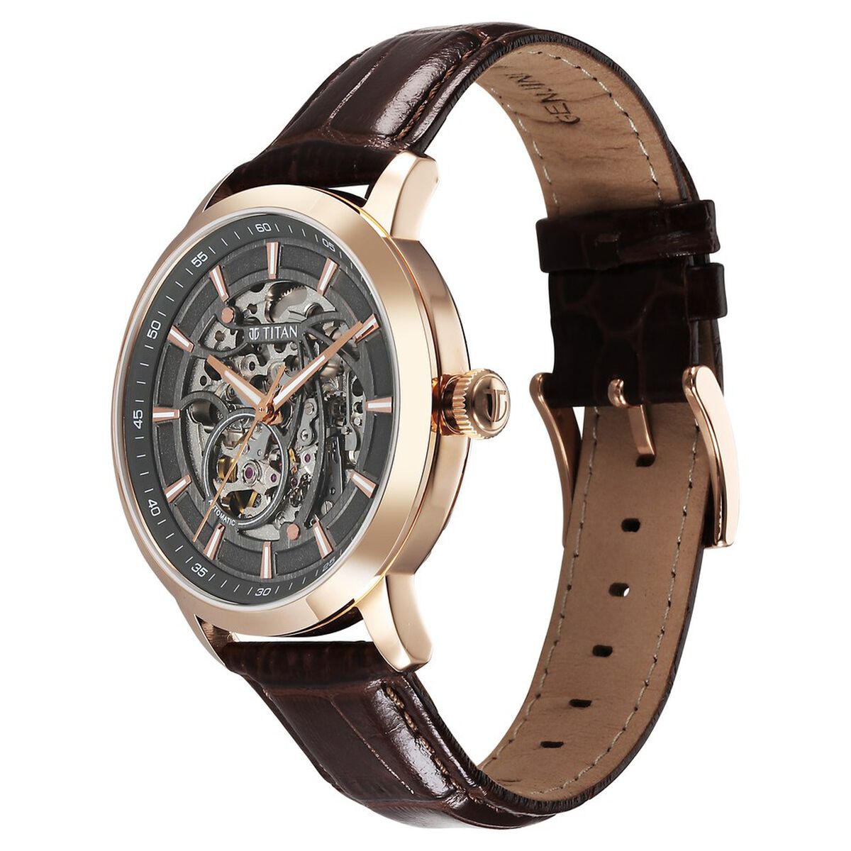 Titan Phoenix Skeletal Automatic Analog with Gun Dial Brown Leather Strap Watch for Men 4