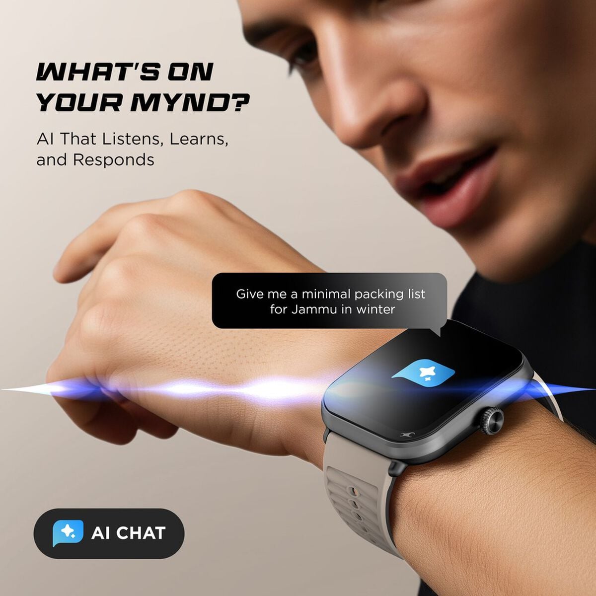 Fastrack MYND - 4.9 cm AMOLED Display, AI Watchface, Offline Voice Commands, AI Chat, BT Calling IP68 Smartwatch 4