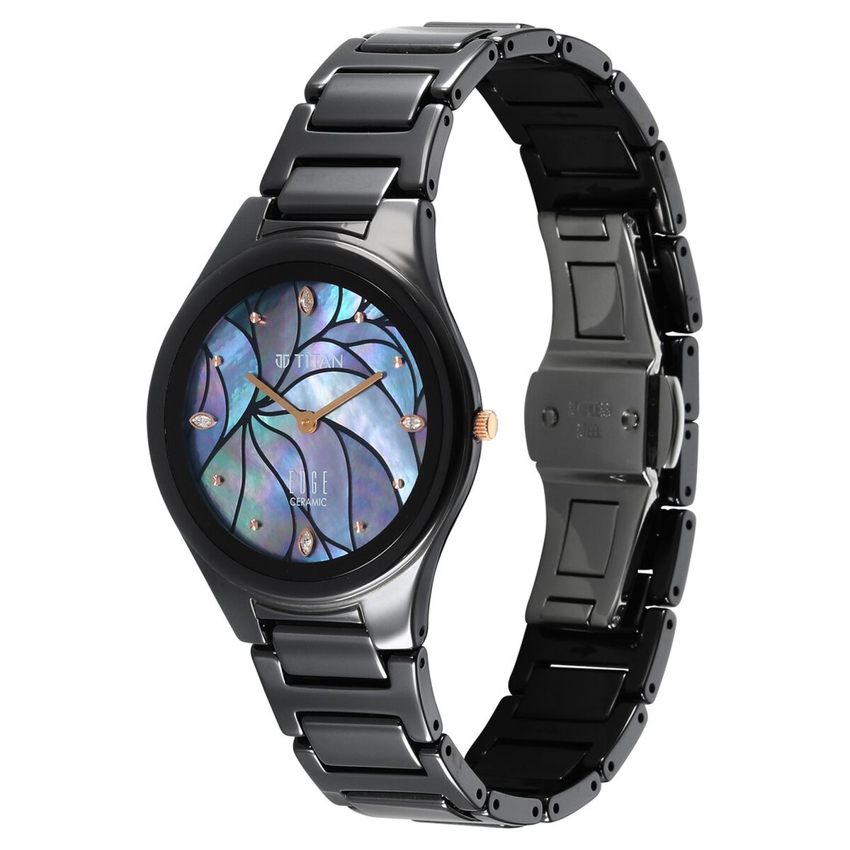 Edge Tessel Quartz Analog Black Dial Black Ceramic Strap Watch For Women 3