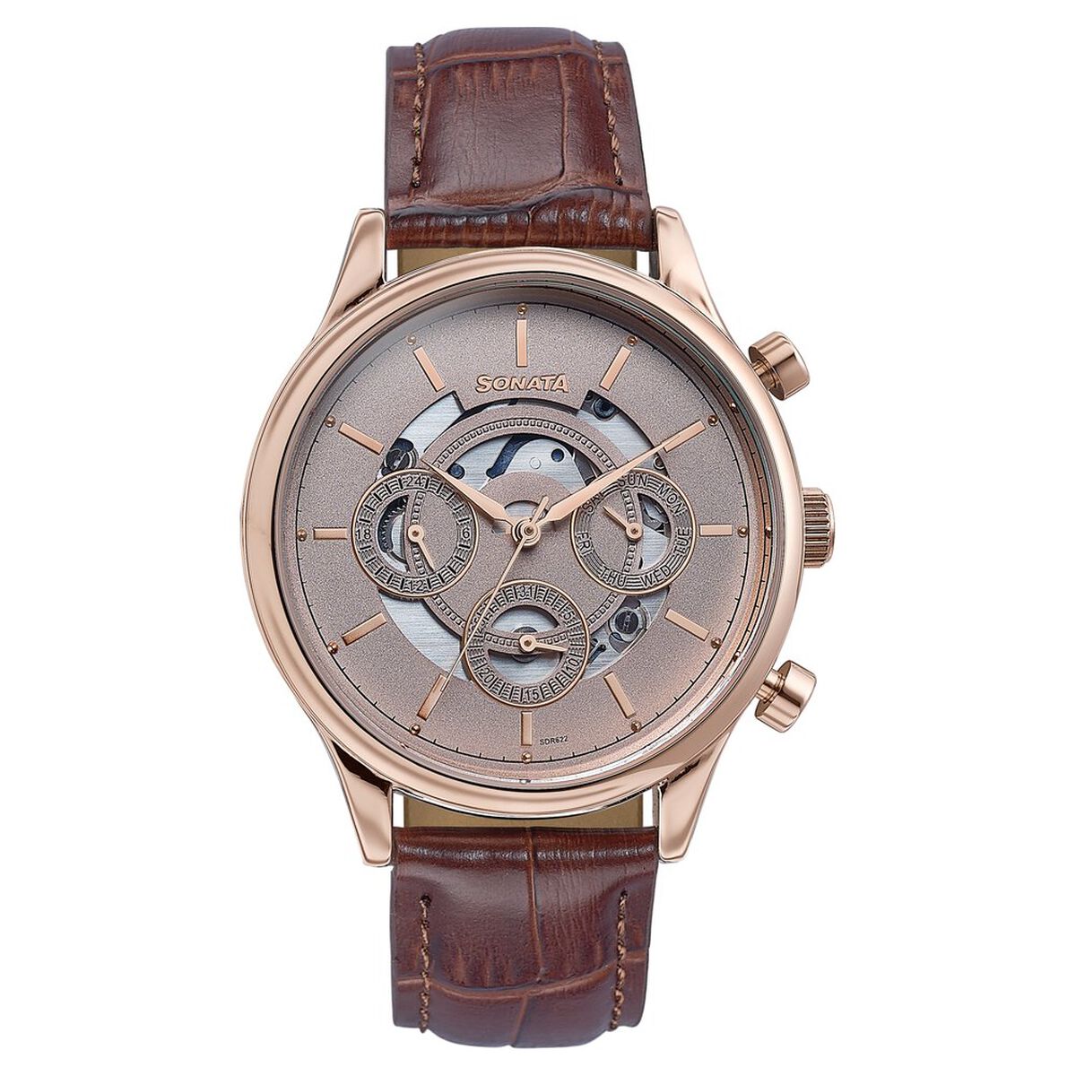 Sonata Wedding Edit Quartz Multifunction Pink Dial Leather Strap Watch For Men 1