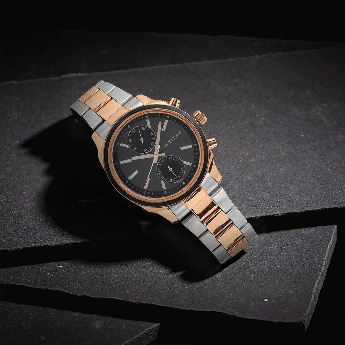Titan Men's Metropolitan Luxe: Multifunction Black Dial with Two-Tone Stainless Steel Bracelet Watch 1