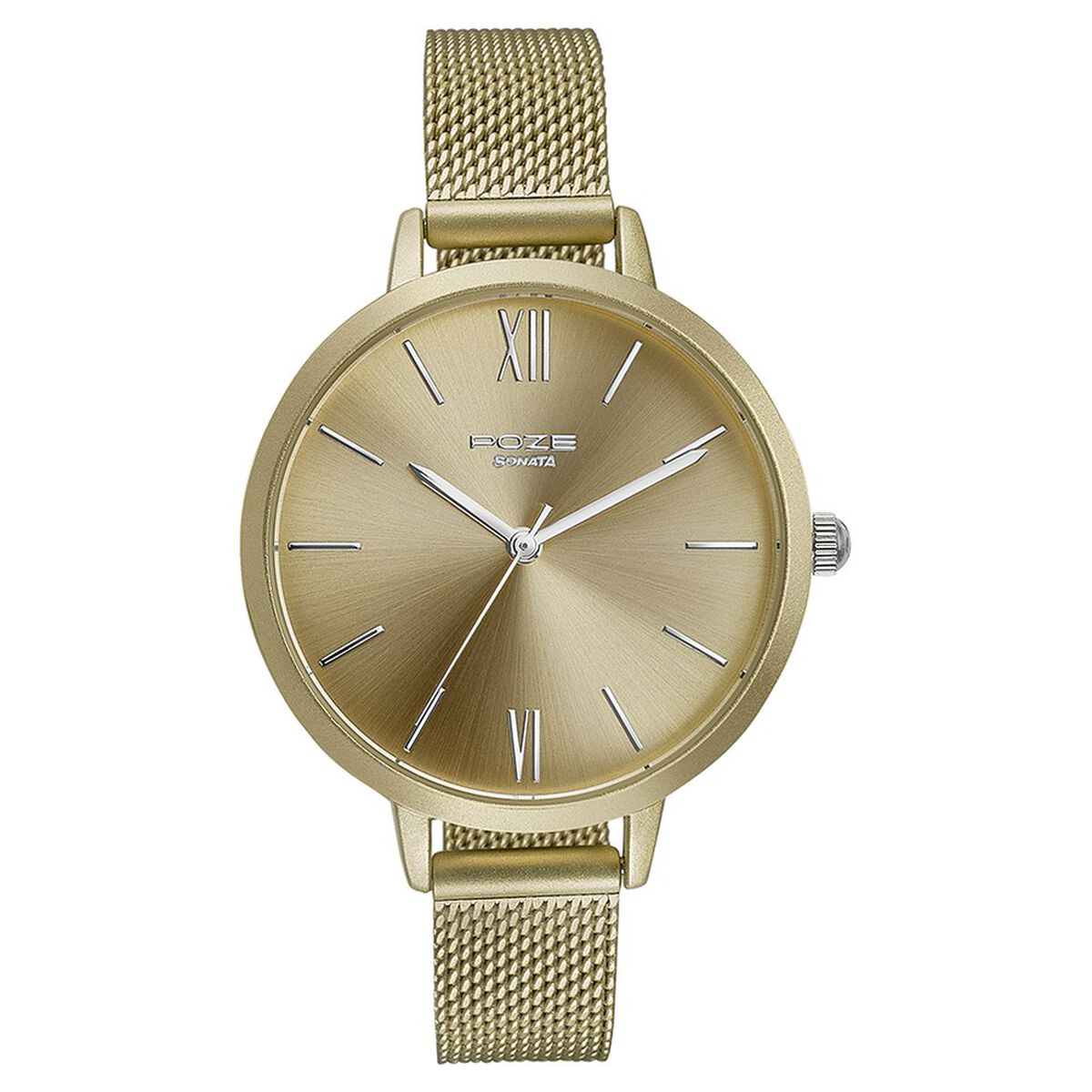 Sonata Poze Quartz Analog Golden Dial Mesh Strap Watch for Women 2