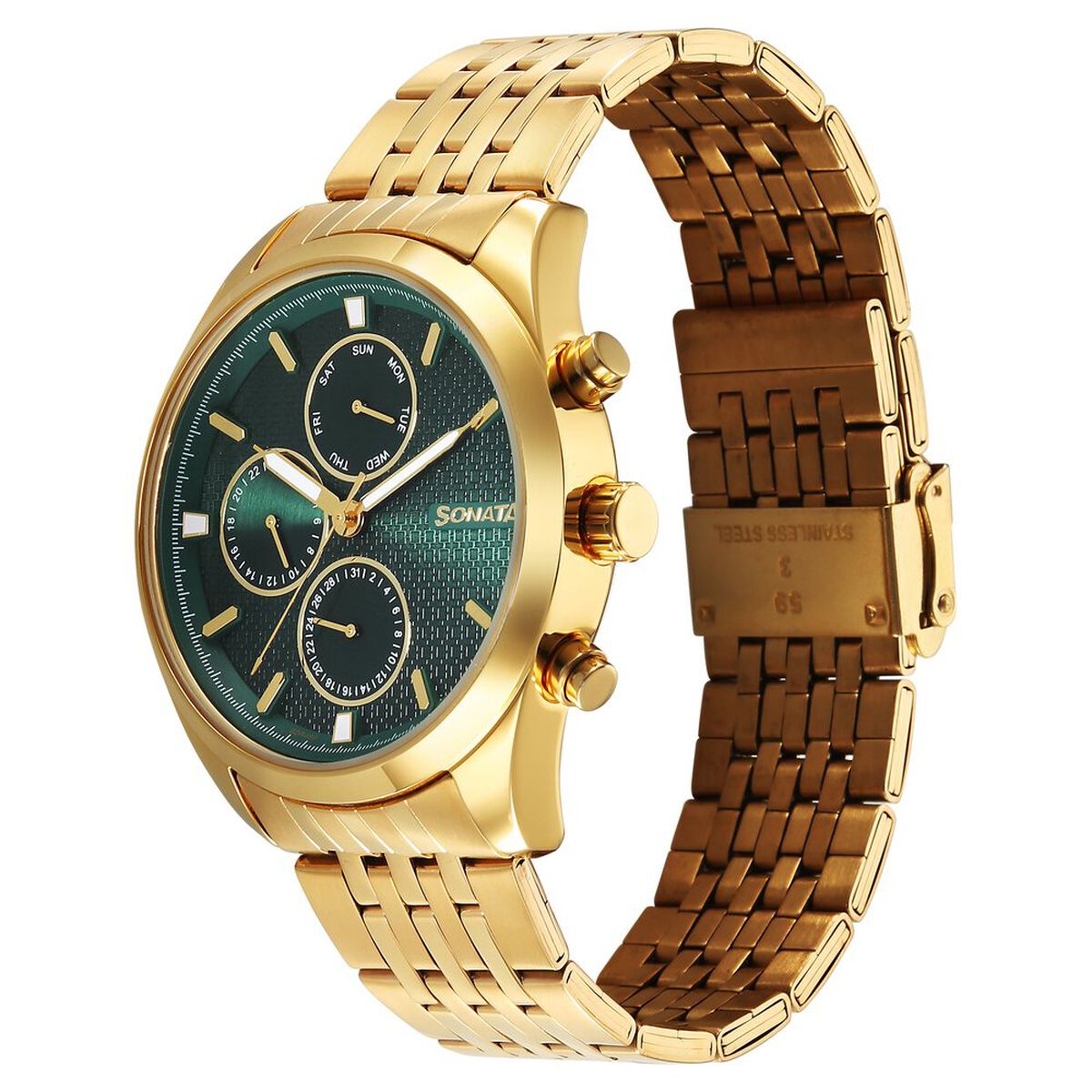 Sonata Magna Quartz Multifunction Green Dial Golden Stainless Steel Strap Watch For Men 3