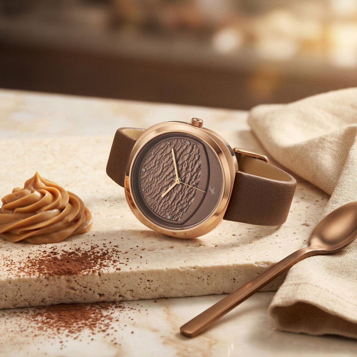 Fastrack Gelato rosegold analog leather strap watch with Chocolate dial for Girls 1