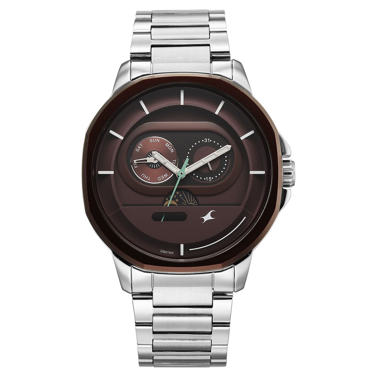 Fastrack Street Opulence Quartz Sun Moon Multifunction Maroon Dial Silver Stainless Steel Strap Watch For Guys 1