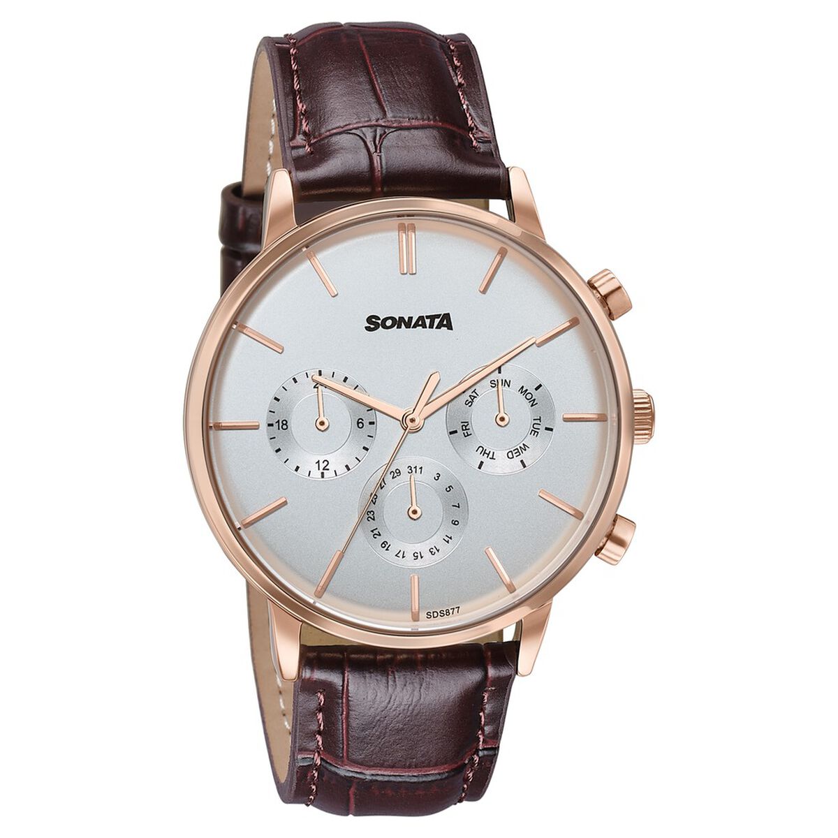 Sonata Festive Quartz Multifunction Silver Dial Brown Leather Strap Watch For Men 2